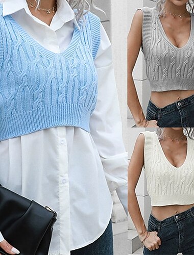  Per donna Maglione Casual Tinta unica Spesso Scollo a V Lavorato a maglia Senza Maniche Top Regolari Maglia Quotidiano Ferie Uscire Blu Beige Autunno Inverno
