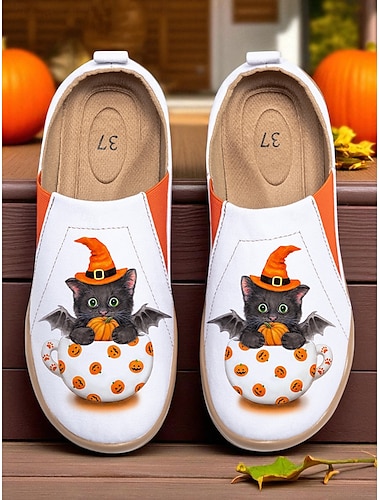  Halloween-slip-on damesko med katte- og græskarprint – brede, afslappede loafers til efterårsfester, trick-or-treat og ferietøj