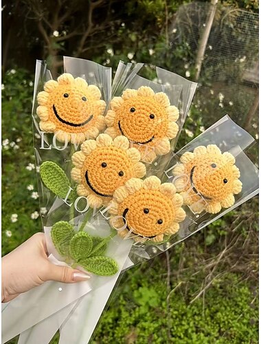  5 st konstgjorda stickade solrosblommor, handgjorda eviga blommor för lärardag, mors dag, alla hjärtans dag, hem- och skrivbordsdekoration