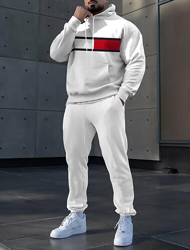 Férfi Színes 2db 3D pulóver készletek Tracksuit Kapucnis pulóver Hosszú ujj Hosszú nadrág Kapucni Alkalmi Napi Sportruházat 3D nyomtatás Tavasz Ősz Tél Fehér
