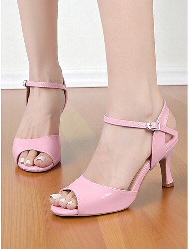  Women's Pink Open-Toe Latin Dance Heels - Adjustable Strap Patent PU Professional Ballroom Shoes for Female Dancers and Salsa Practice