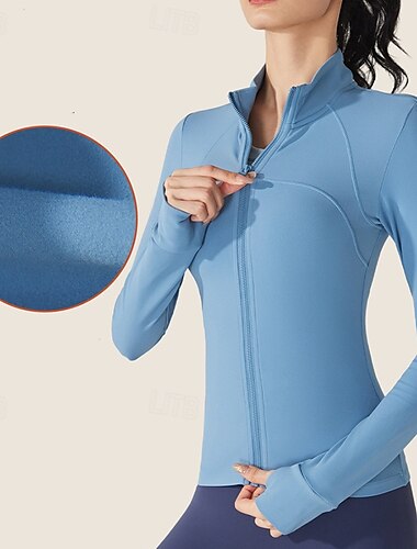  Damen Fleece-Yogajacke Stehkragen Warm Feuchtigkeitsableitend Vollreißverschluss Langarm Sport Einfarbig Oberteil Für Fitnessstudio Fitnesstraining Fitness Schlank Sportkleidung