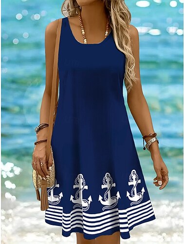  Dame Mini kjole Solkjole Kjole med A-linje Off The Shoulder-kjole Ferie Fritid Bohem Ferie Strand Normal Grafisk Geometrisk Stripe Ermeløs Crew-hals Øsehals Svart Hvit Gul Rosa Sommer Vår