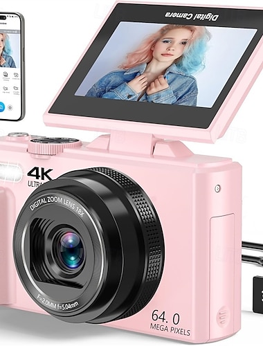  4K-Digitalkamera für Fotografie, 64-MP-Vlogging-Kamera für YouTube mit 3.180-Grad-Klappbildschirm, 18-fachem Digitalzoom, Point-and-Shoot-Kamera mit 32-GB-Micro-SD-Karte für Anfänger