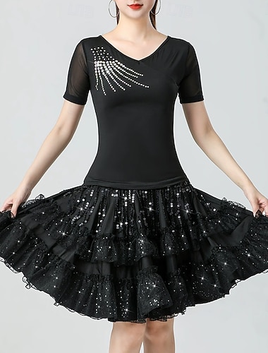  Latin Dance Skirts Pure Color Splicing Sequins Women's Performance Training Short Sleeve High Polyester