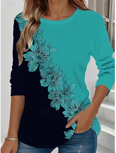  Per donna Maglietta Floreale Grafico Piante Vintage Elegante Classico Manica Lunga Girocollo Top Regolari Quotidiano Weekend Stampato Giallo Verde chiaro Blu Azzurro cielo Viola Estate