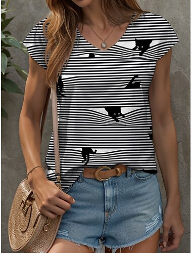  Womenské zvířata Kočka Top Camisole Tank Top Stylový Moderní Bez rukávů Krátký rukáv V Krk Pravidelné topy Denní potisk Černá Bílá Léto Jaro
