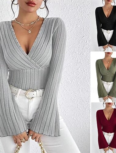  Per donna Blusa con texture Maglietta Semplice Moda Moderno Manica Lunga Scollo a V Top Regolari Quotidiano Tunica Nero Verde militare Grigio Estate