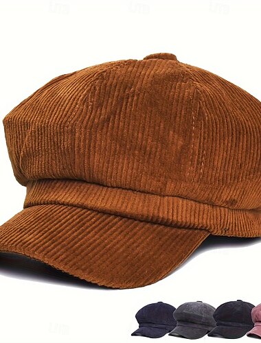  Gorra vintage de pana para mujer, estilo vendedor de periódicos, color marrón café, con forma octogonal, ajuste elástico sin elasticidad, plegable. &Lavable a mano para conjuntos casuales de otoño e