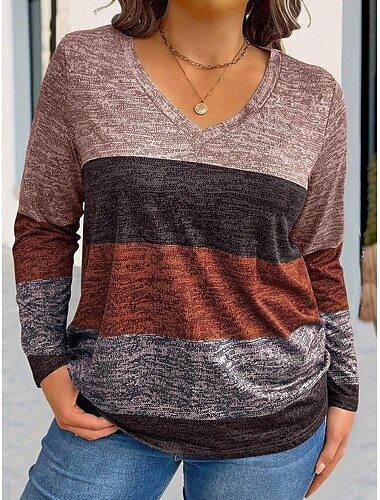  Damen Übergröße Oberteile T Shirt Geometrie Druck Langarm V Ausschnitt Lässig Täglich Polyester Herbst Winter Gelb Blau