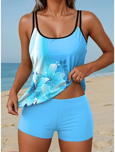 Per donna Costumi da bagno Tankini Due pezzi Vita alta Costume da bagno Senza schiena Vacanza Abbigliamento da Spiaggia Ombre Floreale Collo a U Senza Maniche Costumi da bagno