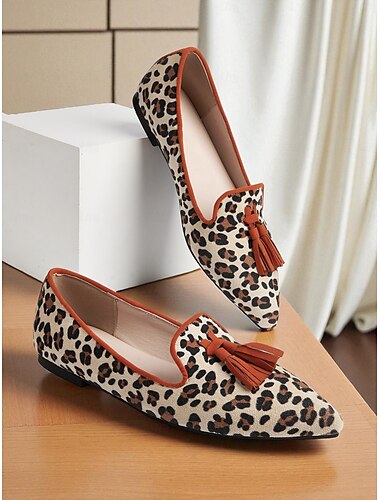  Dámské balerínky s leopardím vzorem a střapci - retro styl s špičatou špičkou, oranžovým lemováním a blokovým podpatkem pro každodenní nošení &neformální výlety