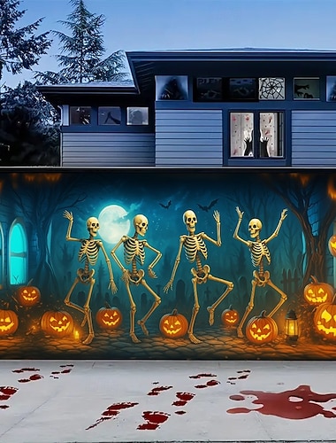  Κάλυμμα Πόρτας Γκαράζ Halloween Χορευτικά Σκελετά και Τζακ-ο'-Φανάρι Μεγάλο Ταπήτι Φόντο Διακόσμησης για Εξωτερική Πόρτα Γκαράζ και Τοίχο Σπιτιού Διακόσμηση Halloween 2025