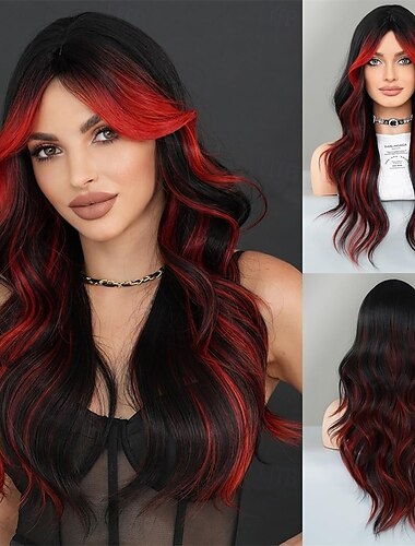  Schwarze, rote Highlights, lange, gewellte Perücke mit Vorhangpony, 26 Zoll, rot-schwarzes Ombre, synthetische, hitzebeständige Perücke mit dunklem Ansatz für Frauen, Halloween, Cosplay, Partyperücken