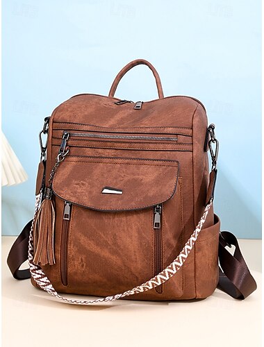  Mochila convertible de piel sintética para mujer: bolso de hombro vintage multibolsillos con borla para desplazamientos diarios informales, viajes y trabajo.