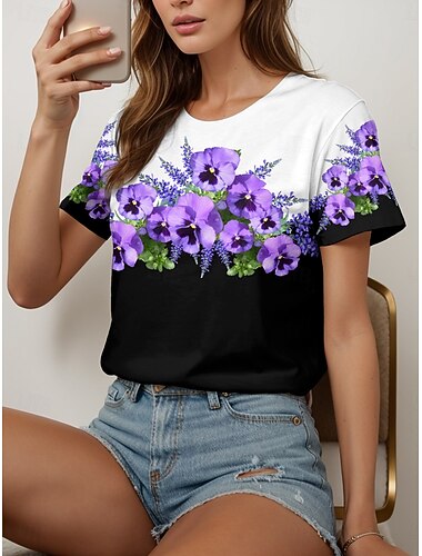  Mulheres Camiseta Floral Gráfico Vintage à moda Clássico Manga Curta Gola Redonda Decote Redondo Tops regulares Diário Para Noite Final de semana Imprimir Branco e Preto Amarelo Rosa Azul Roxo Verão