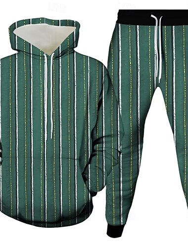  Herre Lodrette strimler 2stk 3D sweatshirt sæt Træningsdragt Hættetrøje Langærmet Lange bukser Hætte Afslappet Hverdag atletiktøj 3D-udskrivning Forår Efterår Vinter Rødkælkeæg Blå Hvid Grøn