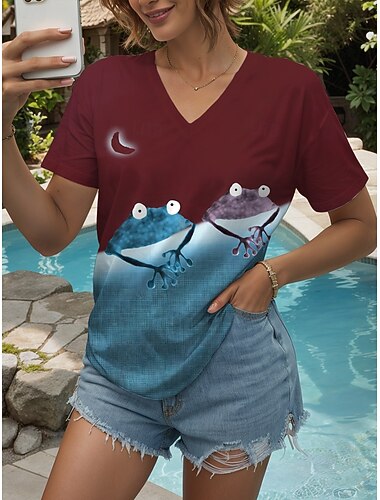  女性用 Tシャツ グラフィック 動物 カラーブロック ヴィンテージ スタイリッシュ クラシック 半袖 Ｖネック レギュラートップス 日常 プリント ルビーレッド ブルー パープル ブラウン グリーン 夏 春