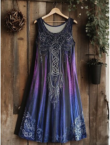  Vestido midi vintage con degradado de nudo celta vikingo para mujer, estilo veraniego, corte A, informal, estilo bohemio, para salir, con estampado floral de hojas, sin mangas y cuello en U.