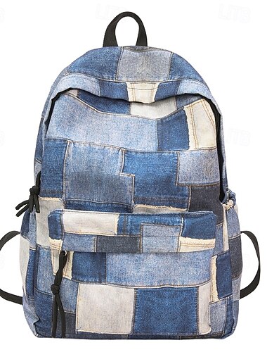  Mochila vintage de patchwork jeans – mochila escolar azul da moda para meninas e meninos adolescentes, para o retorno às aulas e uso casual diário