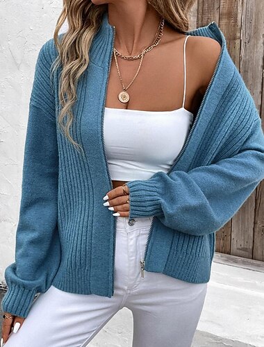 Per donna Felpa Cardigan Moda Streetwear Quotidiano Tinta unica A Coste Collo alla coreana Cerniera Lavorato a maglia Manica Lunga Top Regolari Maglia Ferie Uscire Weekend Blu Autunno Inverno