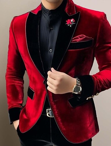  Муж. Пиджак смокинг Закрытие воротника Рождество Винтаж Бархат Однотонный Blazer Красный Зеленый Стандартная посадка Однобортный с 1 пуговицей
