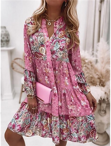  Dames Mini-jurk Casual jurk Boho-jurk Lentejurk Vakantie Streetwear Vakantie Straat Feestdagen Normale pasvorm Bloemig Lange mouw Gespleten nek Blozend Roze blauw Groen Zomer Lente