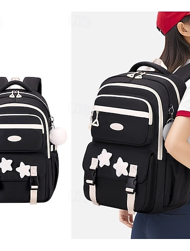  Mochila escolar roja y blanca para niñas: bonita mochila de gran capacidad con parches de estrellas y pompón para adolescentes.