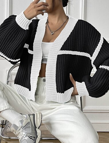 Dame Cardigan Mode Farveblok Rillet Hængende krave Patchwork Strikket Langærmet Almindelige toppe Strikke Ferie I-byen-tøj Weekend Sort Lyserød Efterår