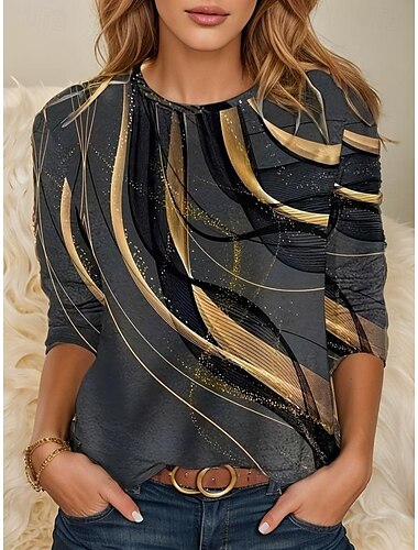  Women's T Shirt Graphic Geometric Vintage Stylish Classic Long Sleeve Crew Neck Round Neck Regular Tops Daily Print White Pink Green Khaki Light Grey Summer Spring Fall