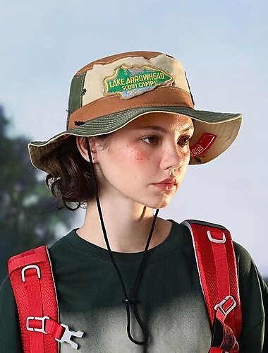  Vintage Amerikaanse streetstyle patchwork color block bucket hat voor dames, polyester, niet-rekbaar, bescherming tegen de zon, geborduurd, geweven, handwas of chemisch reinigen