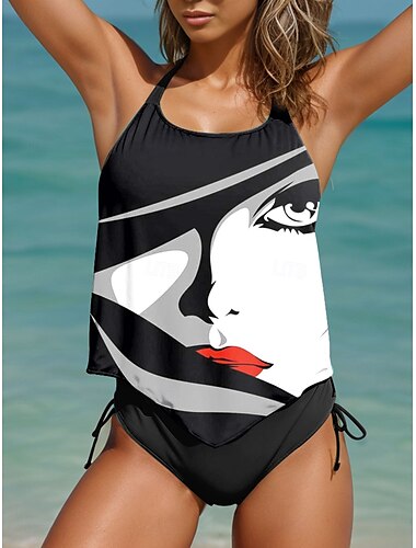  Női Fürdőruha Tankini 2 darab Merész Fürdőruha Nyitott hátú Szabadság Strandruházat Grafika Színes Kötőfék nyaka Ujjatlan Fürdőruhák