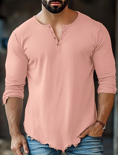  Herren Baumwoll-Leinen-Hemd Henley Hemd T-Shirt Henley Oberteil Langarm Einfarbig Einfach Einheitliche Farbe Mode Designer Lässig Farbblock Knöpfe Henley Outdoor Lässig Täglich Sommer Ganzjahres Wei