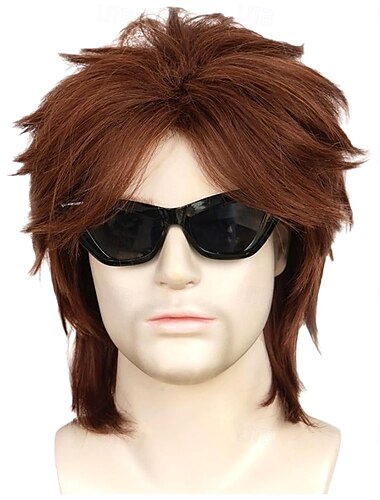  Perucă masculină maro anii '70 '80, perucă bărbătească maro pufoasă, mullet, punk rocker, păr sintetic rezistent la căldură din California, pentru costum de cosplay, petrecere de Halloween