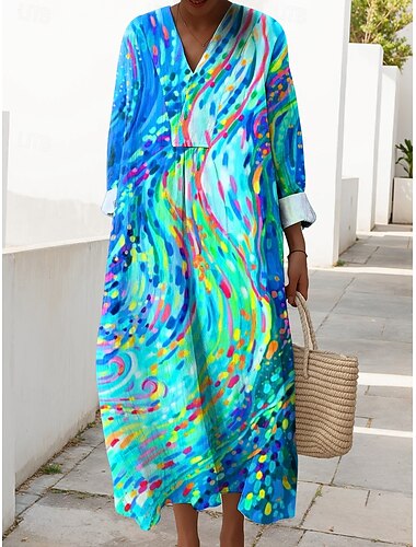  Per donna Abito maxi Vestito Estivo Abito a Tubino Vacanza Casual Uscire Spiaggia Vestibilità comoda Grafico Geometrico Astratto Manica Lunga Scollo a V Blu Viola Arancione Verde Estate Primavera