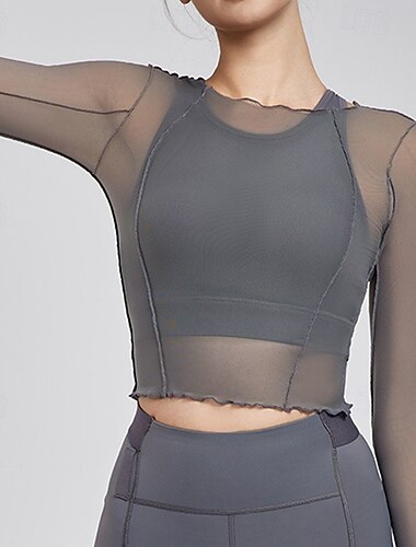  Damen Yoga-Shirts Atmungsaktiv Netz Langarm Sport Einfarbig Oberteil Für Fitnessstudio sportlich Pilates Sportkleidung