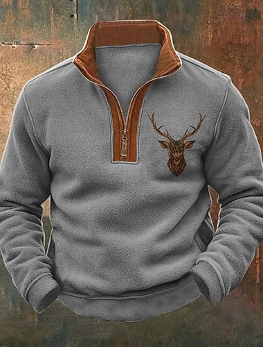  Per uomo Maglia Felpa con zip corta Nero Grigio Mezza zip Blocco di colori Renna Mezza cerniera Stampato Sport & Outdoor Quotidiano Ferie Vintage Streetwear Casual Autunno & Inverno Abbigliamento