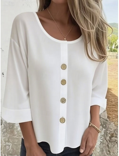  Dam Blus Ensfärgat Stylish Ledigt Långärmad Rund hals Vanliga toppar Dagligen Svart Vit Brun Aprikos Ljusblå Sommar Vår