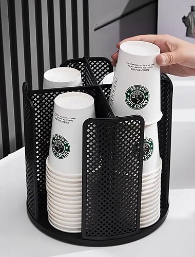  Pladsbesparende 360° roterende papkrusdispenser, holdbar PS-plast med ventileret, aftageligt design, sort &hvid, perfekt til køkken- og kontorkaffekopper