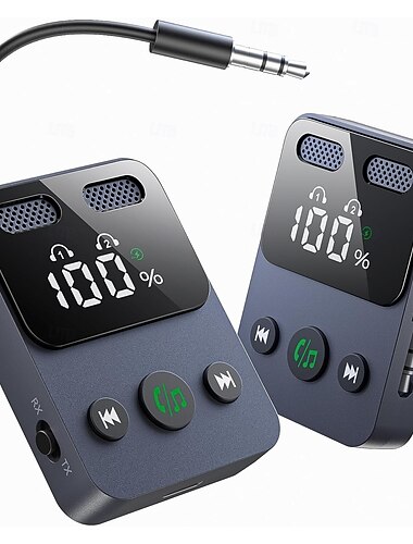  Transmisor y receptor Bluetooth para avión, compatible con 2 AirPods o auriculares, con pantalla HD y baja latencia, adaptador de conector de audio auxiliar de 3,5 mm para avión, TV, coche y estéreo