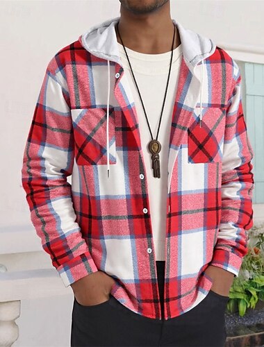  Ανδρικά Ελαφρύ μπουφάν Μπουφάν πουκάμισο Casual Jacket Σακί Διακοπές Καθημερινά Αναπνέει Τσέπη Άνοιξη Φθινόπωρο Καρό Μοντέρνα Κλασσικό Με Κουκούλα Κανονικό