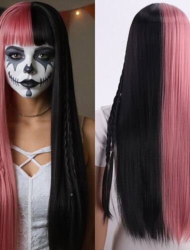  Rosa og svart lang rett parykk for kvinner – heldekkende hodehette, realistisk modellparykk, perfekt for halloween cosplay, mote og daglig bruk
