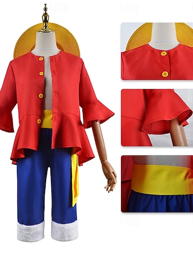  Dio del sole Rufy Anime Pantaloni Cappello Abiti Abiti Cosplay Halloween Carnevale Performance Top Pantaloni Cintura Per Per uomo Ragazzi Bambini Adulti