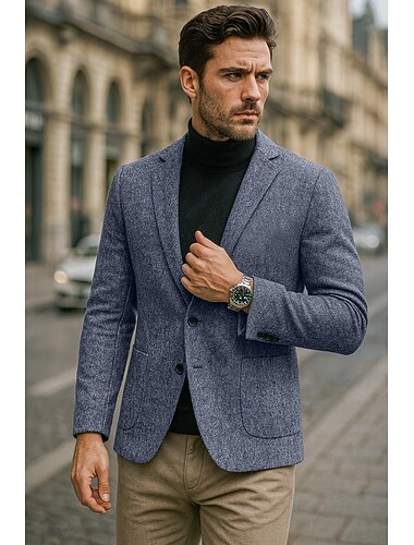  Per uomo Giacca blazer Scuola Ufficio Lavoro Elegante Moda Primavera Autunno Misto lana Tinta unica Senza ferro Monopetto due bottoni Giacca Blu Grigio