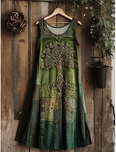  Vestido midi vintage para mujer con diseño de nudo celta vikingo y degradado, corte A, estilo bohemio, informal, para vacaciones y salidas, corte regular, estampado floral, hojas, sin mangas, cuello