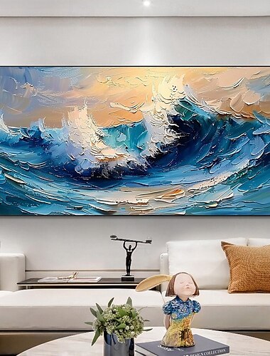  Mintura handgefertigte Ölgemälde mit Meereswellen auf Leinwand, Wandkunst, Dekoration, modernes abstraktes Ozean-Seestückbild für die Inneneinrichtung, gerolltes, rahmenloses, ungedehntes Gemälde