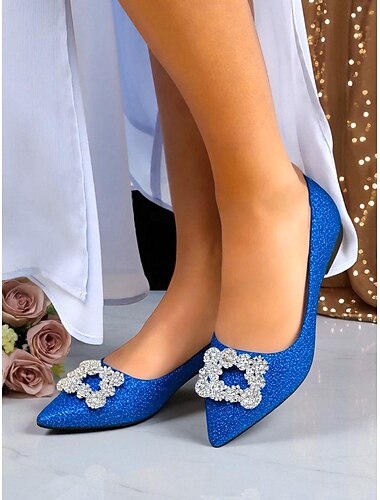  Blauwe glitter flats met spitse neus en strass gesp voor dames - elegante glinsterende schoenen voor feesten, bruiloften en uitgaansgelegenheden