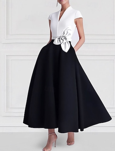  А-силуэт До щиколотки коктейльные платья Платья для вечеринок Элегантный стиль Цветовые блоки Шелковистость С короткими рукавами V-образный вырез Официальные Свадьба Карман Сатин с Карман