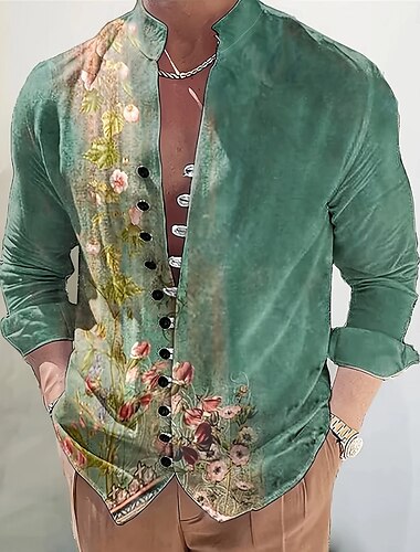  Per uomo Stampa Floreale Fiori Camicia Camicia con colletto alla coreana Manica Lunga Casual Vacanza Abbigliamento quotidiano Uscire Primavera Autunno Collo alla coreana Colletto alla coreana