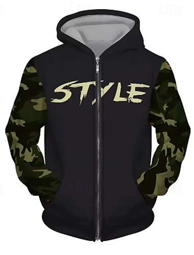  Homens Moletom Full Zip Hoodie Preto Marron Cáqui Com Capuz Letra camuflagem Patchwork Bolsos Desportos e Ar livre Diário Feriado Poliéster Roupa de rua Básico Casual Primavera Outono Roupa Moletons